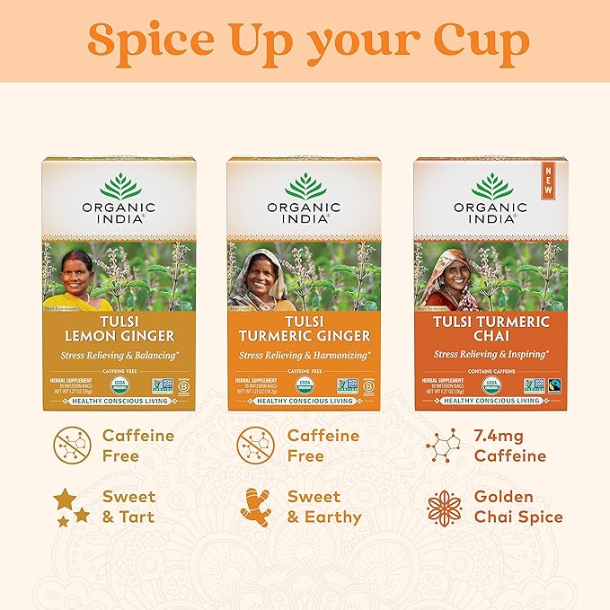 ORGANIC INDIA Tulsi Turmeric Ginger Tea Bags- Herbal Tea, Ginger Turmeric Tea, Immune Support, Aids Digestion, Caffeine-Free- 18 Infusion Bags, 1 Pack