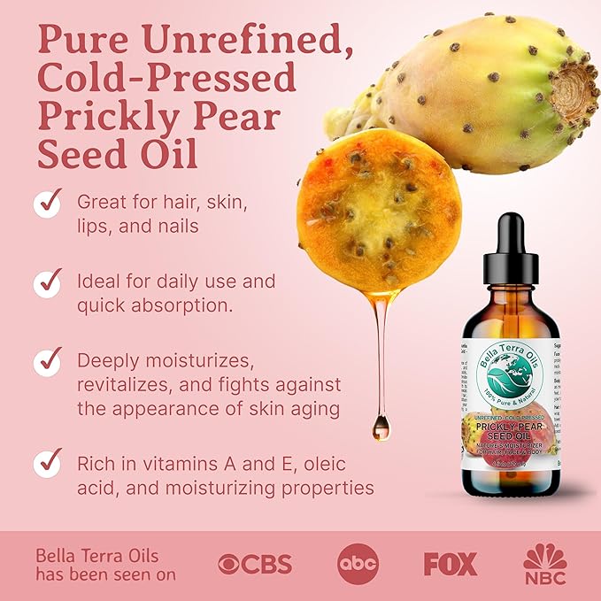 Bella Terra Oils - Prickly Pear Seed Oil 8 oz - Dive into the Richness of Cactus Oil, Bursting with Antioxidants & Minerals, Elevate Your Skin’s Vitality