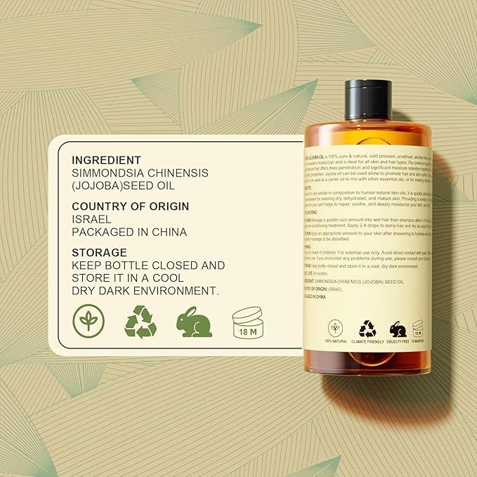 Pure Jojoba Oil EWG Verified 16 fl oz, 100% Natural Jojoba Oil for Hair, Skin & Face, Cold Pressed Unrefined, Deeply Moisturizing Body oil Carrier Oils for Essential Oils Mixing