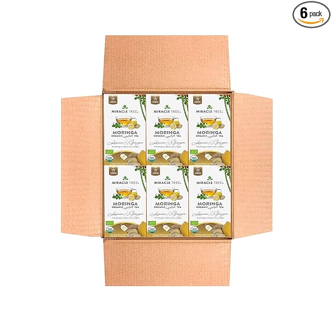 Miracle Tree - 6 Count of Organic Moringa Superfood Tea, 25 Individually Sealed Tea Bags, Lemon & Ginger (Keto, Detox, Energy/Immunity Booster, Vegan, Gluten-Free, Organic, Non-GMO, Caffeine-Free)
