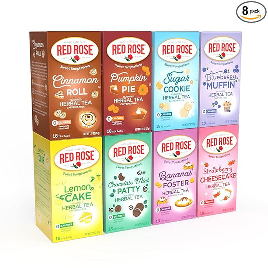 Red Rose Sweet Temptations Dessert Tea Variety Pack, Zero Sugar, Caffeine-Free Flavored Delicious Beverage Herbal Tea, 18 Count Pack of 8 Fruit Naturally Flavored Black Tea