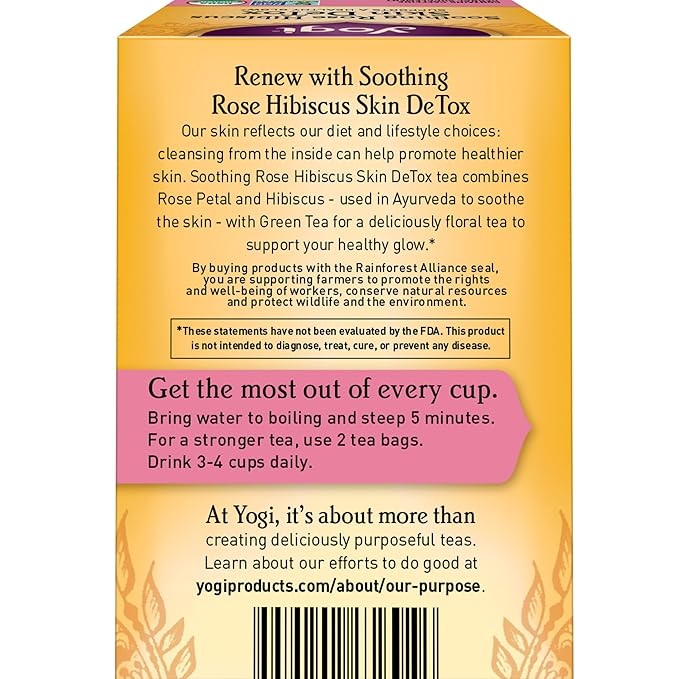 Yogi Tea Soothing Rose Hibiscus Skin DeTox Tea - 16 Tea Bags per Pack (4 Packs) - Organic DeTox Tea to Support Skin Health - Includes Green Tea Leaf, Rose Petal, Honeybush Leaf, Hibiscus & More