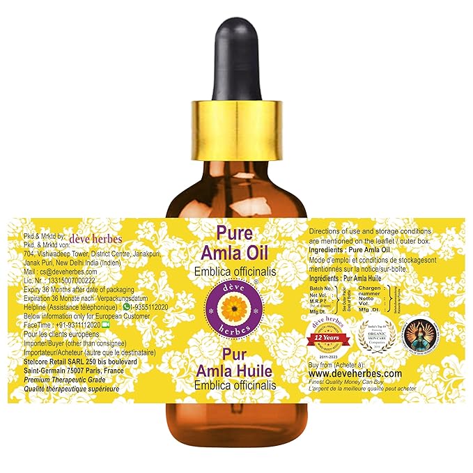 dève herbes Pure Amla Oil (Emblica officinalis) with Glass Dropper (Pack of Three) 100ml X 3 (10 oz)