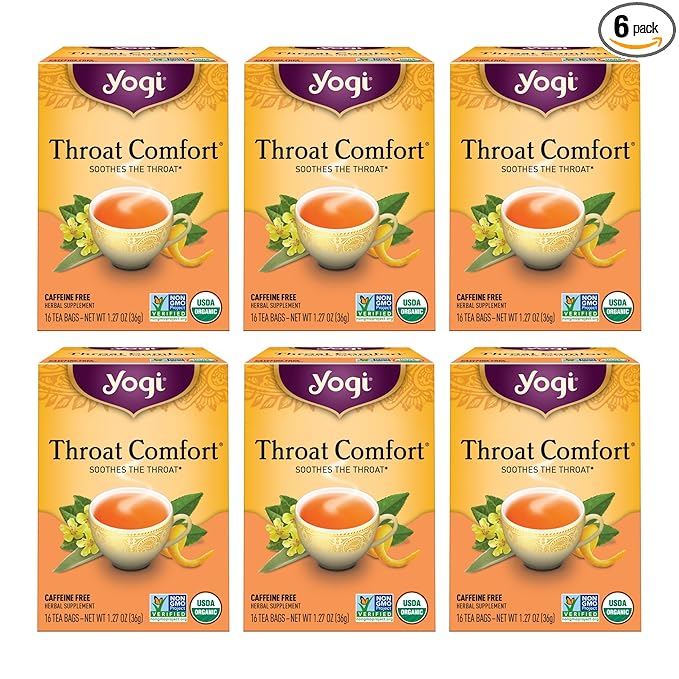 Yogi Tea - Throat Comfort (6 Pack) - Soothes the Throat with Wild Cherry Bark, Licorice Root, Mullein, and Ginger - Caffeine Free - 96 Organic Herbal Tea Bags