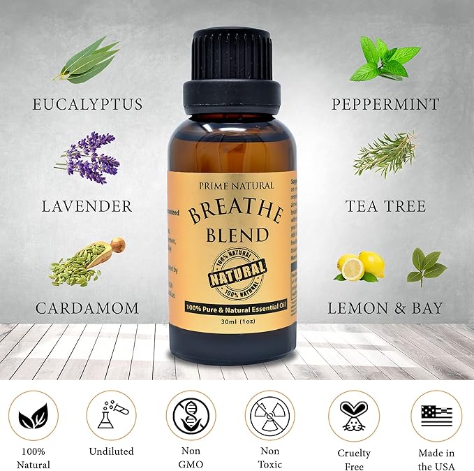 Prime Natural Breathe Essential Oil Blend 1oz - Pure, Undiluted, Therapeutic Grade for Aromatherapy, Scents & Diffuser - Sinus Relief, Allergy, Congestion, Cold, Cough, Headache