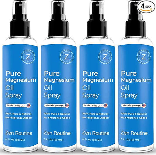 Pure Organic Magnesium Oil Spray | Fast Absorbent | Made in USA 8 fl oz/237ml (4 Pack)