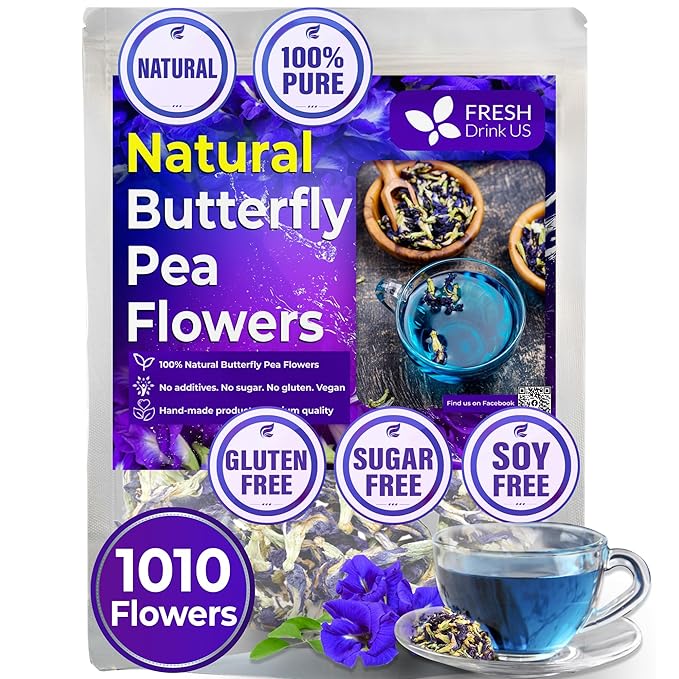 FreshDrinkUS, Premium 1010+ Butterfly Pea Flowers, 100% Natural & Pure from Whole Blue Butterfly Pea Flowers, Wildcrafted, Dried Blue Butterfly Pea Flowers Herbal Tea, No Gluten, Vegan