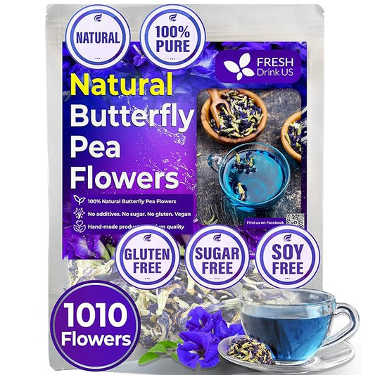FreshDrinkUS, Premium 1010+ Butterfly Pea Flowers, 100% Natural & Pure from Whole Blue Butterfly Pea Flowers, Wildcrafted, Dried Blue Butterfly Pea Flowers Herbal Tea, No Gluten, Vegan