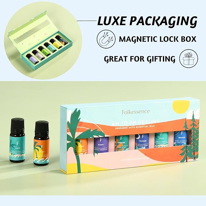 Folkulture Essential Oils for Diffuser Oil | Essential Oil Set of 6 Fragrance Oils | Diffuser Oils Scents for Home | Oil Diffusers Essential Oils Gifts for Relaxation - Lavender & Sandalwood