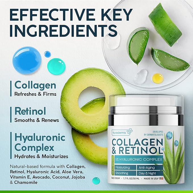 Collagen and Retinol Cream & 35% Glycolic Acid Pads - Face Moisturizer - Night & Day Cream - Anti Aging & Anti Wrinkle Lotion - Exfoliating Facial Peel Wipes - 60 Double-Side Pads