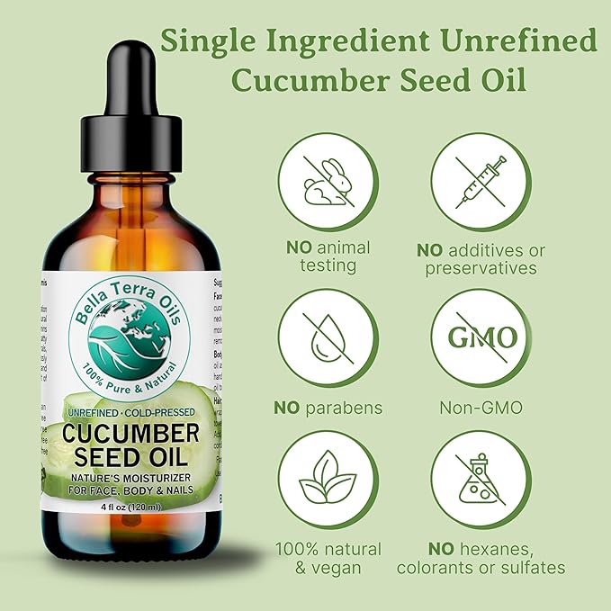 Bella Terra Oils - Cucumber Seed Oil 8 oz - Dive into Cucumber's Nutritional Treasure, Infused with Vitamins & Omega-3, Seamless Addition to Skin Care Arsenal