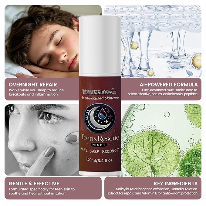 TeensRescue Night Acne Treatment Cream with Salicylic Acid, Lactic Acid, Vitamin E, Overnight Skin Repair