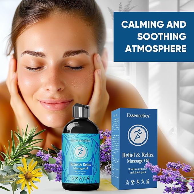 8 oz - Relief & Relax Sore Muscle Massage Oil with 100% Pure Arnica, Lavender & Rosemary Oils - Soothes Muscles & Joint with Relaxing Massage Oil for Massage Therapy