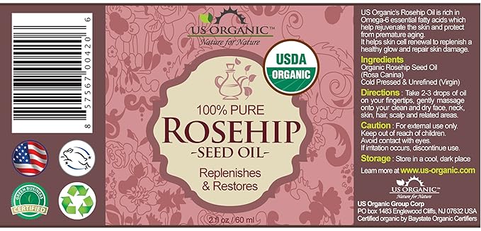 US Organic Rosehip Seed Oil, USDA Certified Organic, Cold Pressed, Virgin Organic, Amber Glass Bottle and Glass Eyedropper for Easy Application - 2 oz (56 ml)