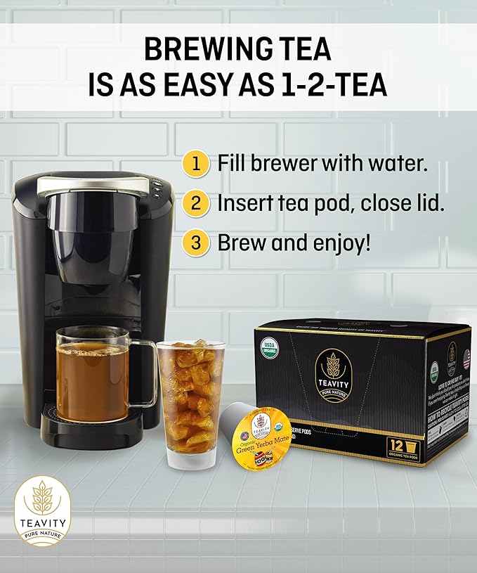 Organic Yerba Mate Tea Pods for Keurig - Green, Unsmoked Yerba Mate by Teavity (12 Tea Pods)