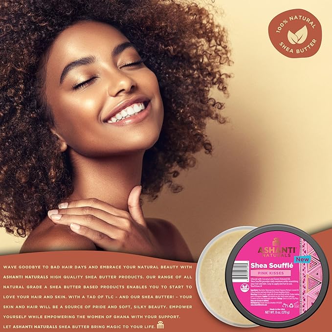 Scented Whipped Shea Butter for Skin | African Body Butter for Women w/Coconut, Almond Oil (Pink Kisses Souffle, 8 oz)