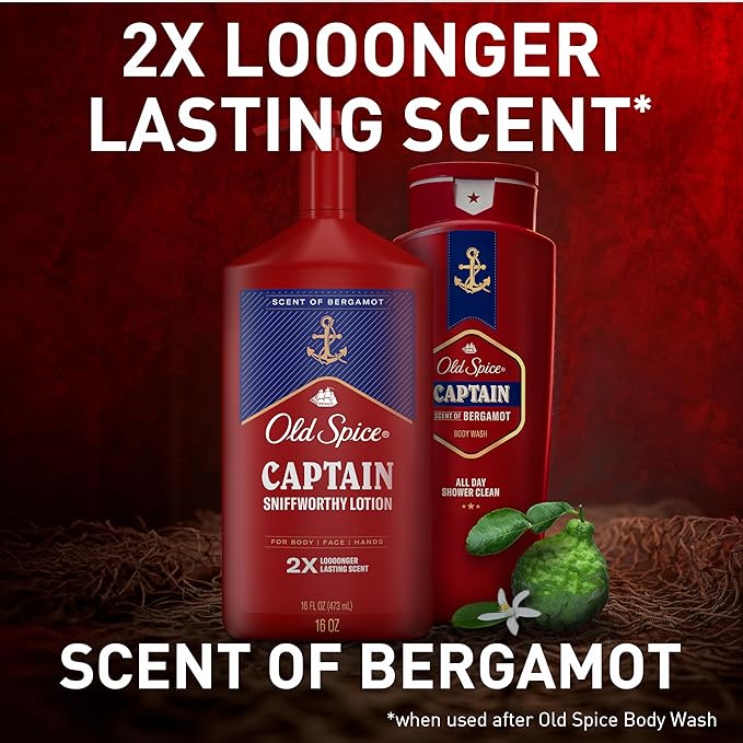 Old Spice Hand, Face & Body Lotion for Men, 24/7 Lightweight Moisturization with Amazing Scent, Instant Absorption, For All Skin Types, Captain with Bergamot Scent, 16 oz