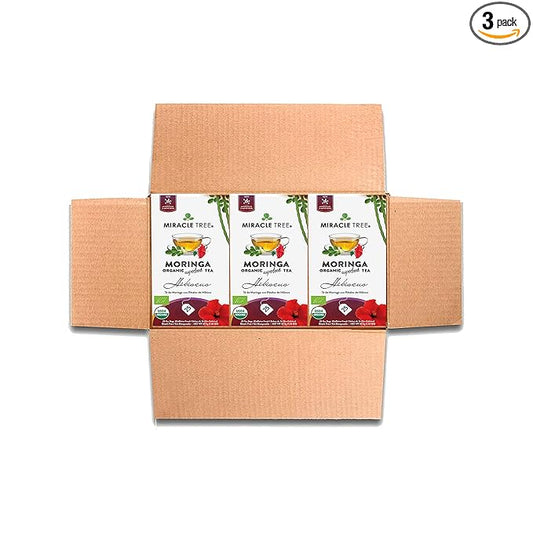 Miracle Tree - 3 Count of Organic Moringa Superfood Tea, 25 Individually Sealed Tea Bags, Hibiscus (Keto, Detox, Energy/Immunity Booster, Vegan, Gluten-Free, Organic, Non-GMO, Caffeine-Free)