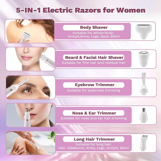 Electric Razors Shavers for Women, Bikini Trimmer 5 in 1 Electric Shaver Razor for Women, Wet/Dry Face Razors for Face Nose Eyebrow Arms Armpit Legs Pubic Area Painless Facial Hair Removal for Women