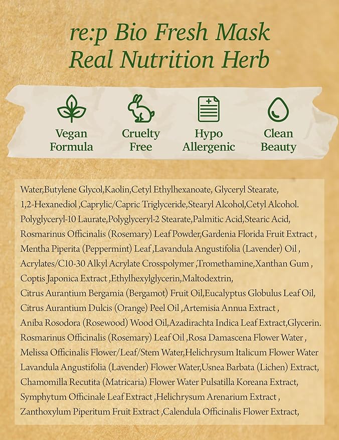 RE:P BIO FRESH MASK with REAL Nutrition HERBS 4.58 Fl Oz (130g) - 100% Vegan, Cruelty-free - Natural nourishing peel off mask with Real Peppermint + Real Rosemary – Korean Skin Care