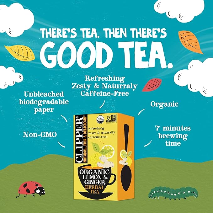 Clipper Tea Lemon & Ginger Teabags – Caffeine Free, USDA Organic, Great Hot or Iced – Aromatic, Natural, Fair & Delicious – 20 Tea Bags