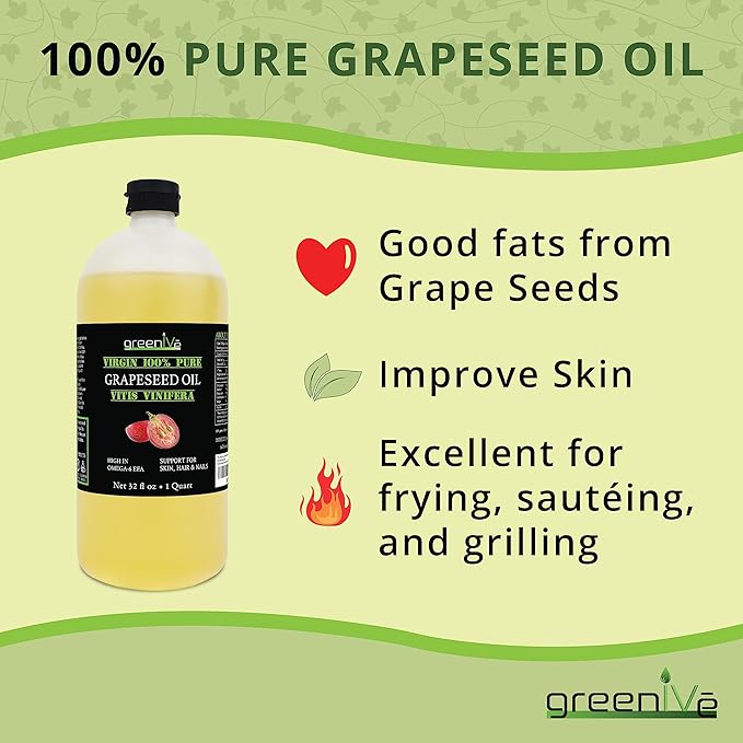 GreenIVe Grapeseed Oil Organically Grown 100% Pure Cold Pressed Light Flavor High Tempurature Cooking 32oz