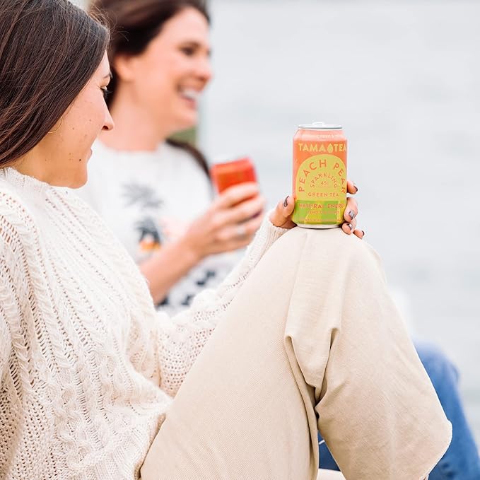 Sparkling Peach Pear Green Tea by Tama Tea - Made with Real Fruit & Herbs - Zero Sugar, Zero Calories, Non-GMO - Naturally Energizing Green Tea High in Antioxidants & Nootropics - 12 oz Pack of 12