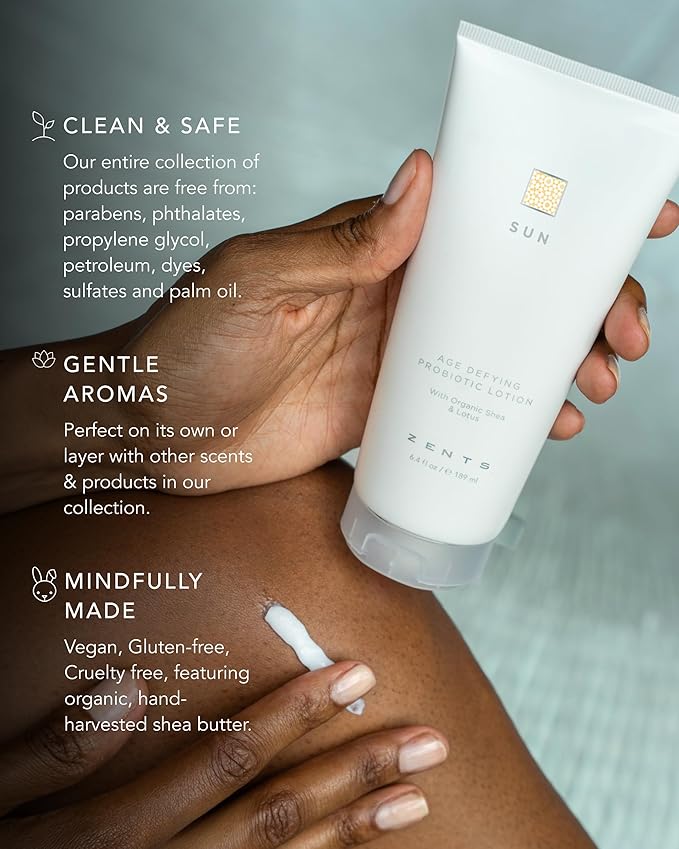 Zents Age-Defying Probiotic Body & Hand Lotion (Sun) | Moisturizing Lotion with Hyaluronic Acid & Organic Shea Butter | Nourishes & Hydrates Skin | 6.4 fl oz
