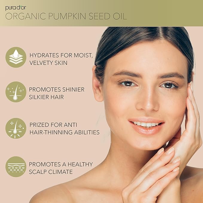 PURA D'OR 4 Oz Organic Pumpkin Seed Oil - 100% Pure USDA Certified Premium Grade Body Oil & Hair Growth Serum - After Shower Body Oil For Women & Men - Cold Pressed, Unrefined, Hexane-Free Skin Oil