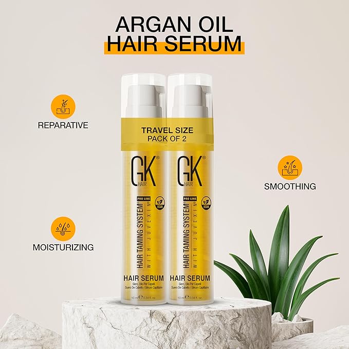 Global Keratin GKHAIR Smoothing Serum (Pack of 2/0.34 fl oz) - 100% Pure Organic Argan Oil | Hydrating Strength Shine Dry Damaged Repair Anti-Frizz Moistures Nourishment