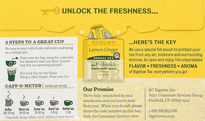 Bigelow Classic Lemon Ginger Herbal Tea Plus Probiotics 18 Bags (3 Pack)