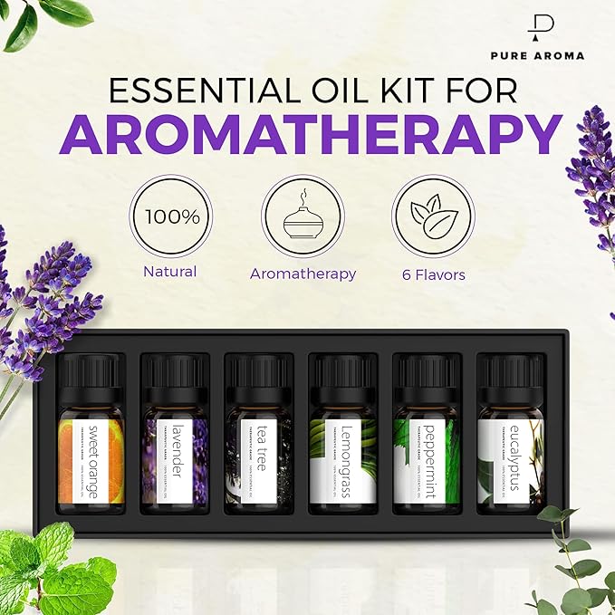 Essential Oils Set by Pure Aroma - Top 6 Aromatherapy Oils Gift Set-6 Pack, 10ml (Eucalyptus, Lavender, Lemongrass, Sweet Orange, Peppermint, Tea Tree)