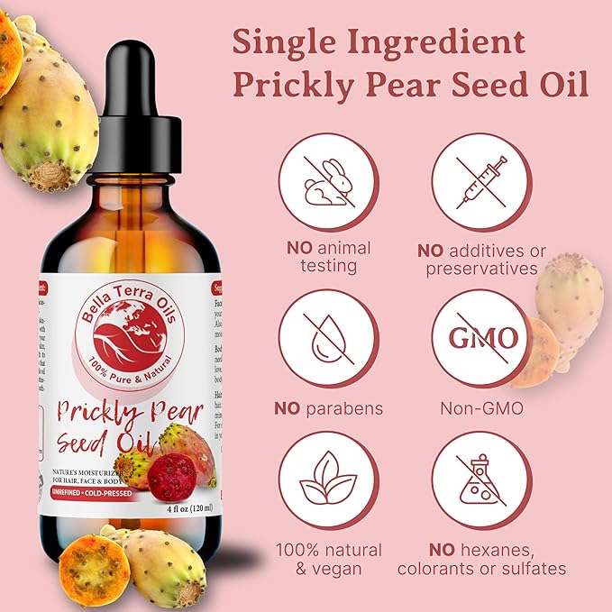 Bella Terra Oils - Prickly Pear Seed Oil 8 oz - The Symmetry of Cactus Extract & Barbary Fig, Overflowing with Vitamin B & Zinc, A Precious Skin Delight