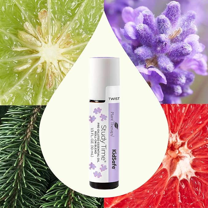 Plant Therapy KidSafe Study Time Essential Oil Blend for Focus, Mind Calming, Concentration Blend for Kids 100% Pure, Pre-Diluted Roll-On, Natural Aromatherapy, Therapeutic Grade 10 mL (1/3 oz)