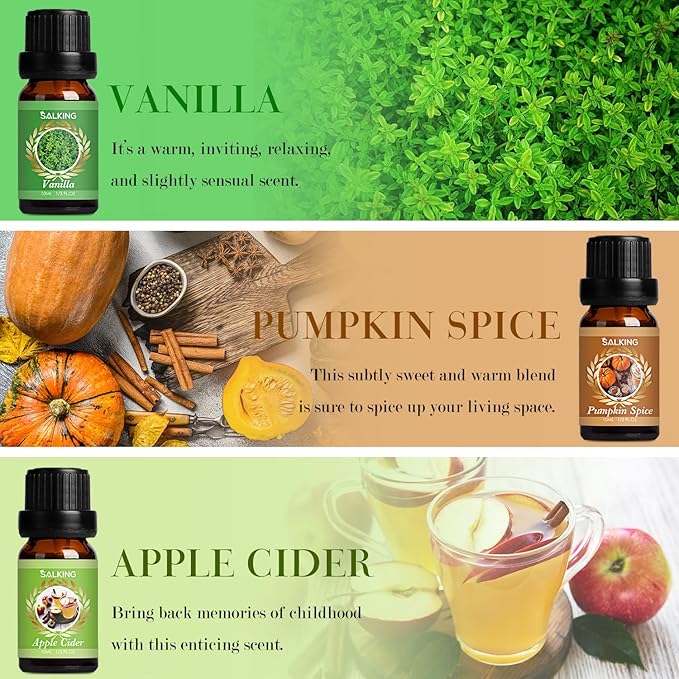 SALKING Autumn Fragrance Oils, Premium Fall Essential Oils for Diffuser, Scented Oils Gift Set for Soap Candle Making Scents - Cinnamon, Pumpkin Spice, Apple Cider, Vanilla, Forest Pine, Snickerdoodle