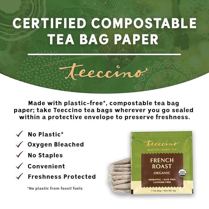 Teeccino French Roast Herbal Tea - Rich & Roasted Herbal Tea That’s Caffeine Free & Prebiotic for Natural Energy, Coffee Alternative, 25 Tea Bags