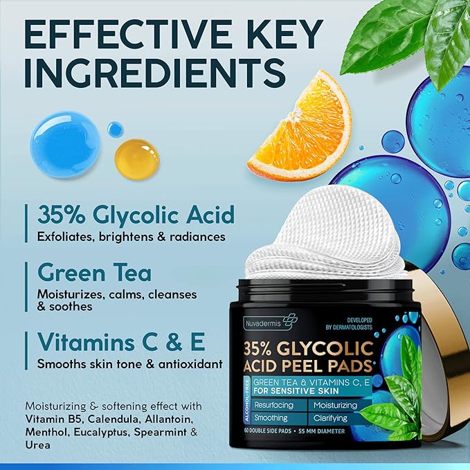 Collagen and Retinol Cream & 35% Glycolic Acid Pads - Face Moisturizer - Night & Day Cream - Anti Aging & Anti Wrinkle Lotion - Exfoliating Facial Peel Wipes - 60 Double-Side Pads
