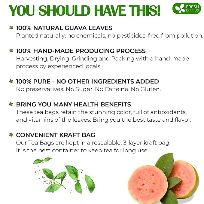 FreshDrinkUS Premium Guava Tea Bags - 15 Count, 100% Natural & Pure Herbal Tea from Guava Leaves. No Sugar, Caffeine, or Gluten. Vegan.