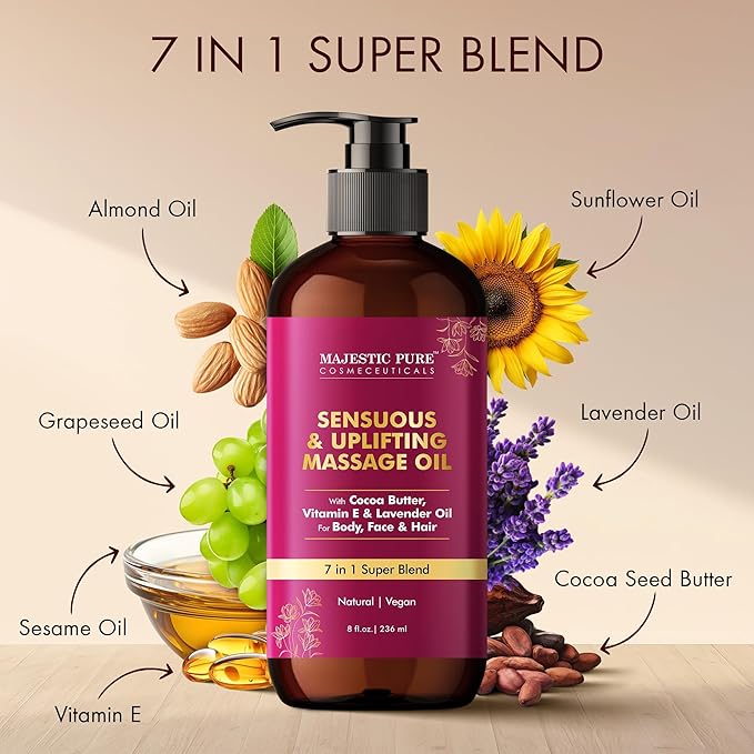 Majestic Pure Cocoa Massage Oil with Cocoa Butter, Vitamin E & Lavender Oil | Invigorating, Refreshing, and Relaxing |for All Skin Types - Men and Women | 8 Fl Oz