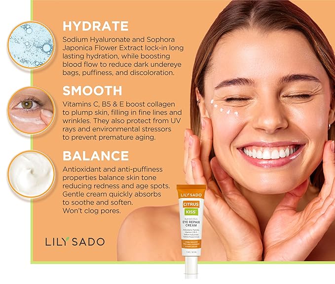 LILY SADO CITRUS KISS™ Eye Repair Cream - Antioxidant-Rich Natural Formula w/Peptides, Sodium Hyaluronate, and VITS C, B5 & E - Prevents Puffiness, Under-eye Wrinkles, Discoloration & Eye Bags - 1oz