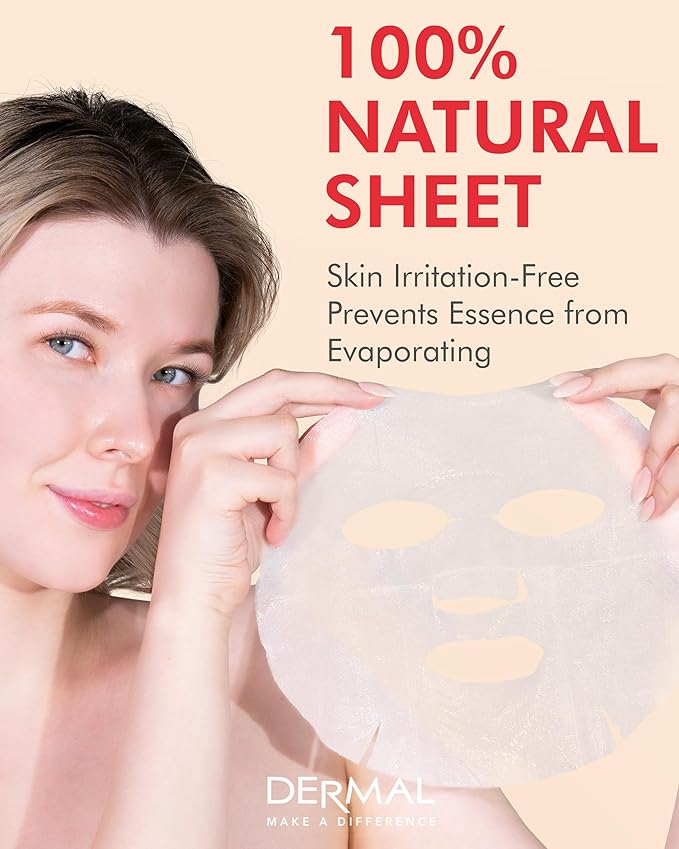 DERMAL Rose Collagen Essence Facial Mask Sheet 23g Pack of 10 - Refreshing & Moisturizing for Tried and Dry Skin, Calming, Daily Skin Treatment Solution Sheet Mask