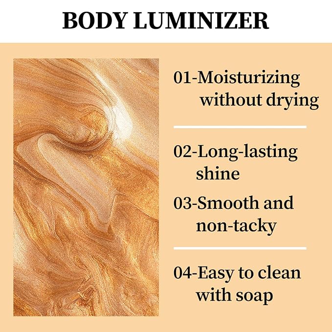 Gold Body Shimmer Oil,Moisturizing Body Oil for Body and Face Highlighter Makeup,Gold Glitter Glow,Waterproofing Long Lasting Body Luminizer Glow with Brushes and Makeup Sponge,85 ml