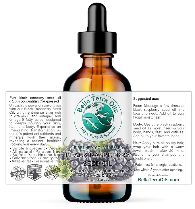 Bella Terra Oils - Black Raspberry Seed Oil 4 oz - Revel in Antioxidant-Rich Essence, Packed with Omega-6 & Omega-9, The Pinnacle of Skin Nutrient Oils