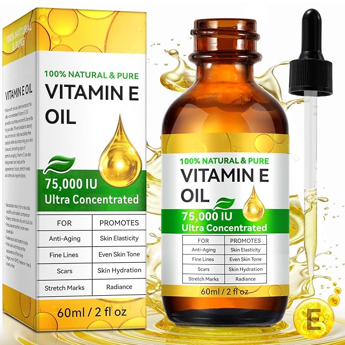 Organic Vitamin E Oil 2.02 fl.oz, 100% Pure & Natural Vitamin E Oil Blend 75,000 IU, Vitamin E Oil for Skin Face and Scars, Body Bath Oil Moisturizing Dry Skin and Winkles for Healthy Radiant Skin