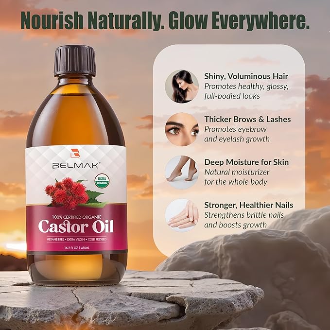 Organic Castor Oil Cold Pressed Unrefined (Glass Bottle 16.2 Oz), USDA Certified Organic, Aceite de Ricino 100% Pure y Natural, Hexane Free, Castor Oil for Hair Growth, Eyelashes & Eyebrows.