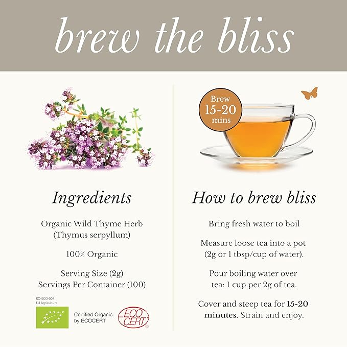 Wild Bliss Organic Wild Breckland Thyme Tea - Caffeine Free Loose Leaf Herbal Tea - Resipratory and Digestion Support - 7.05 Oz - 100 Servings