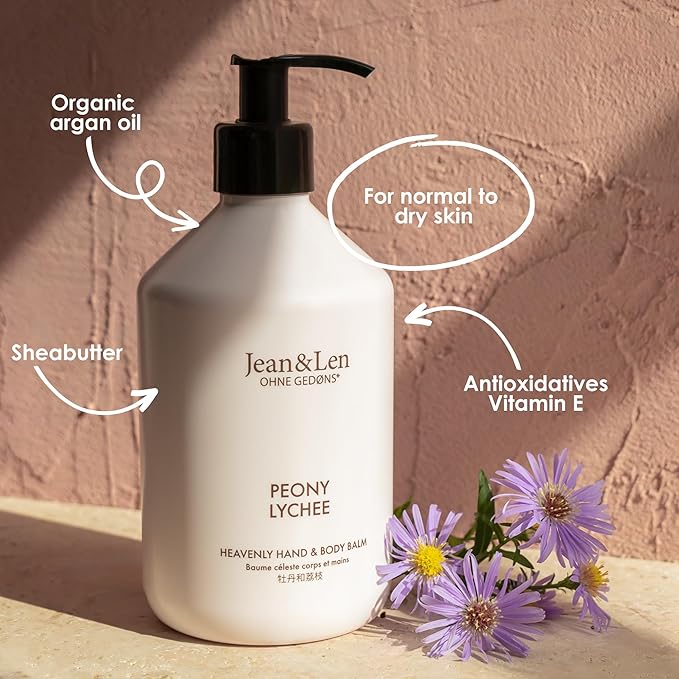 Jean & Len Heavenly Hand & Body Balm Peony & Lychee, for a fragrant care experience, with organic argan oil and shea butter, minimalistic bottle, without parabens & silicones, 16.91 Fl. Oz.