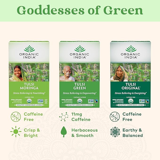 ORGANIC INDIA Tulsi Green Tea Bags - Holy Basil Tea, African Basil, Stress Relieving, Immune Support, USDA Certified Organic, Premium Darjeeling Green Tea, Caffeinated - 18 Infusion Bags, 1 Pack
