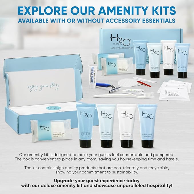 H2O Therapy Amenity Kit | Hotel Bulk Toiletries | 0.85 oz Shampoo, Conditioner, Lotion, Body Wash, Body Bar Soap for Guest Hospitality Vacation Rentals | 60 Sets/Case