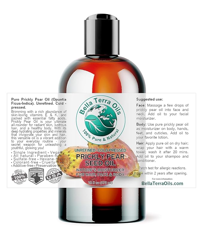 Bella Terra Oils - Prickly Pear Seed Oil 8 oz - Dive into the Richness of Cactus Oil, Bursting with Antioxidants & Minerals, Elevate Your Skin’s Vitality